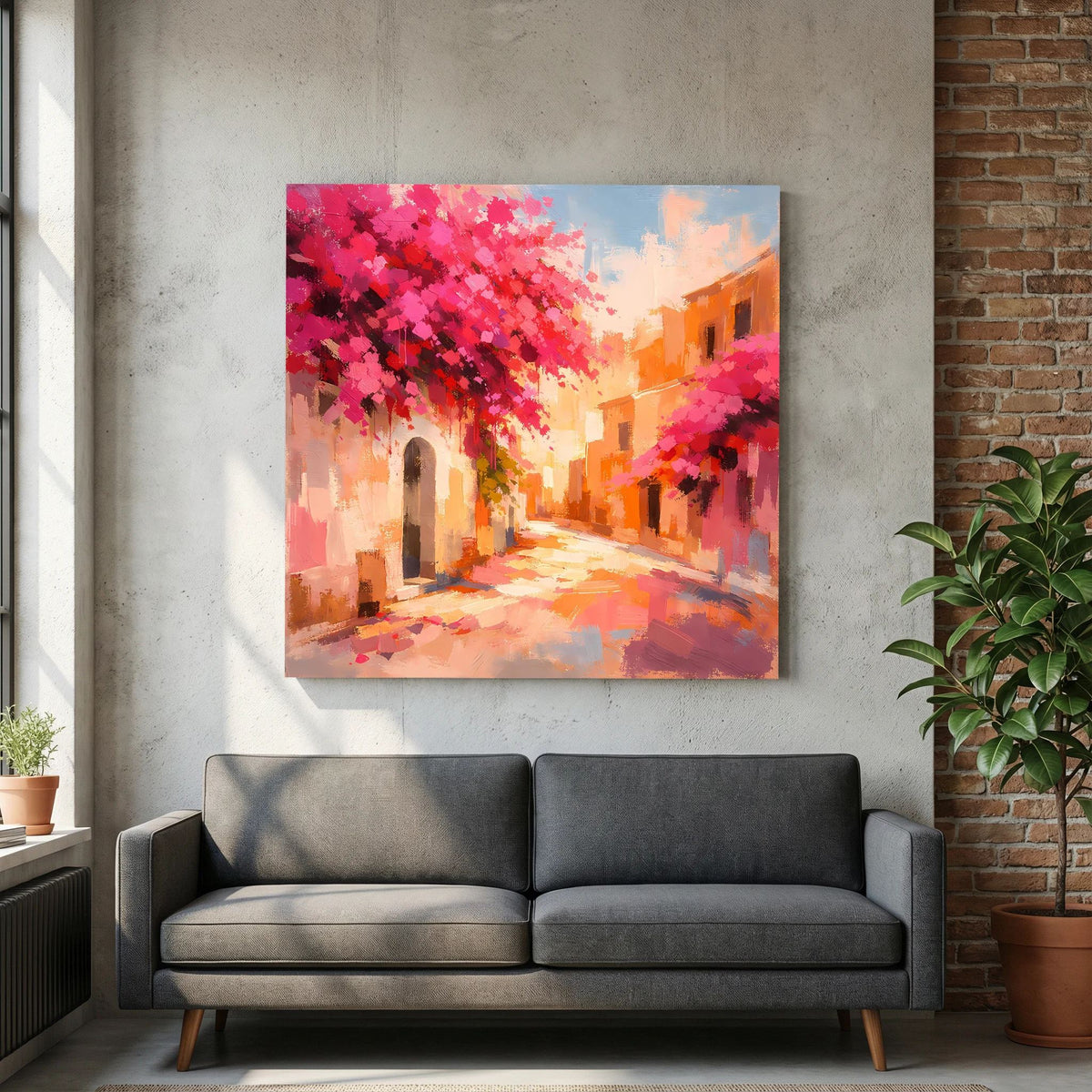 Leinwandbild rosa Blüten über der Gasse, orange Fassaden und heller blauer Himmelspartie