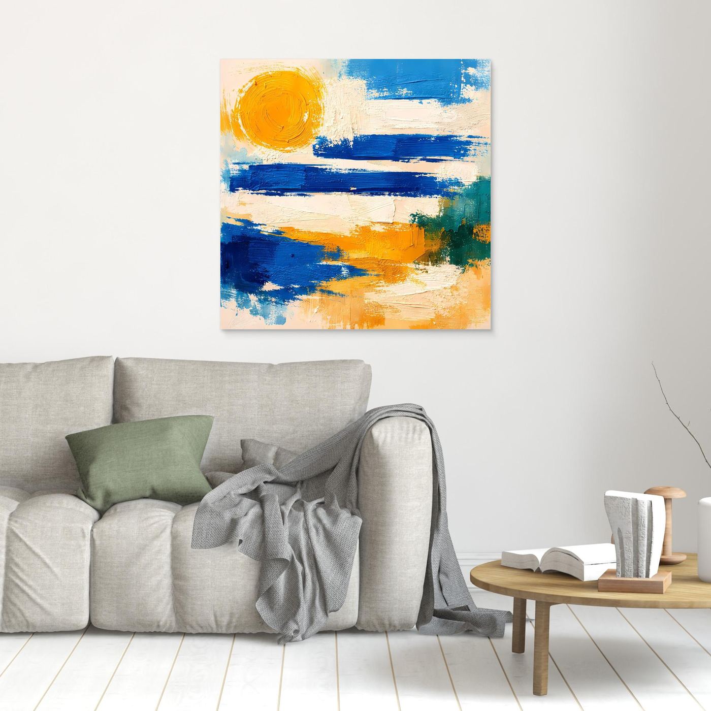 Unframed abstract canvas wall art with blue waves and yellow sun brushstrokes.