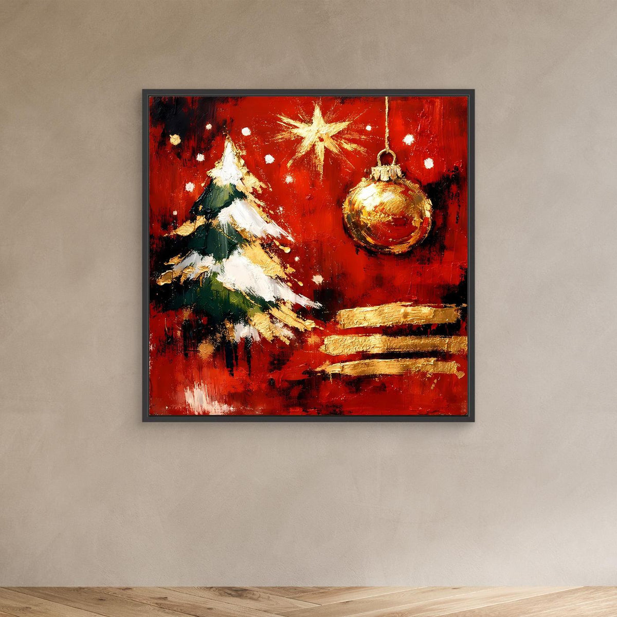 Weihnachts-Wandbild mit dunklem Rahmen, rote Abstraktion: goldener Baum, goldene Kugel und Stern