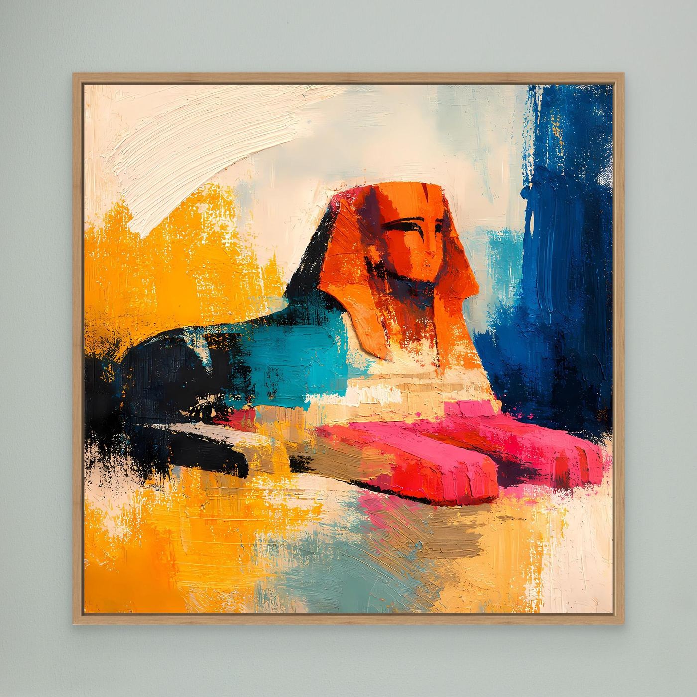 Abstract sphinx canvas wall art with blue, orange, and red paint strokes; oak frame