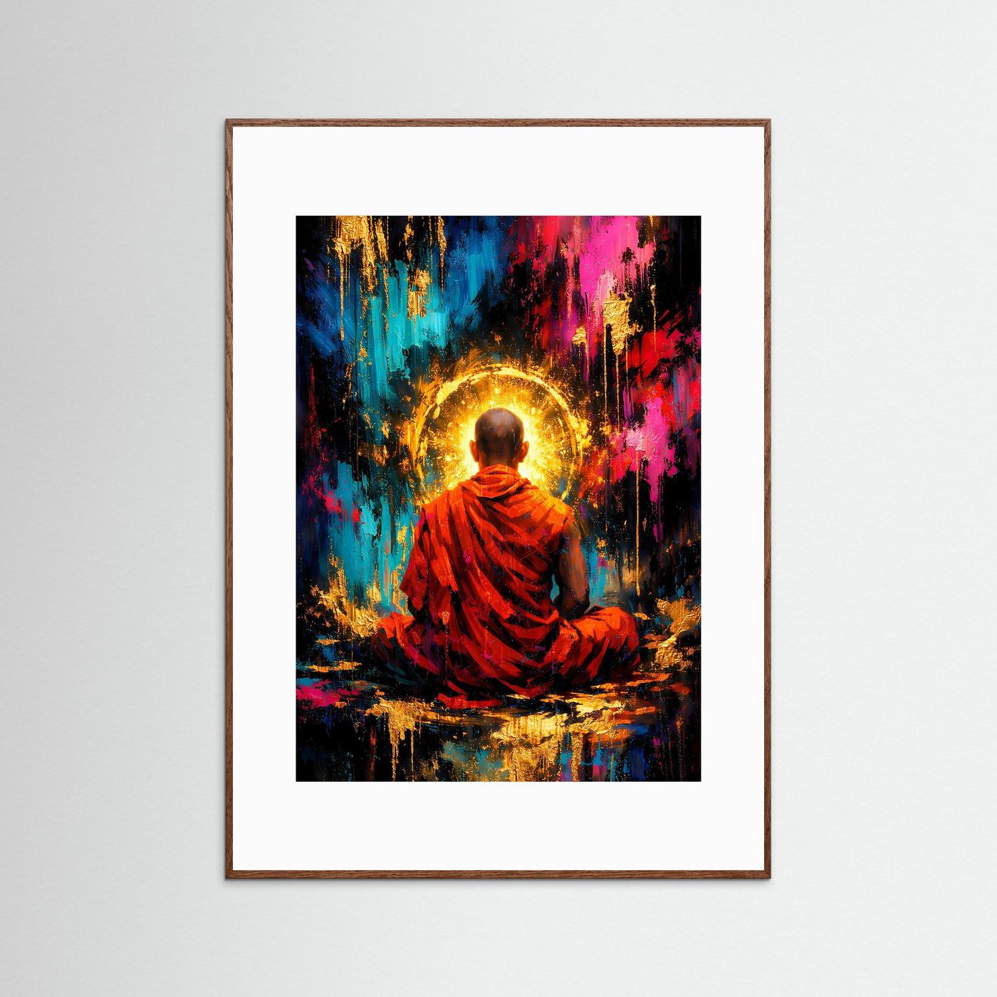 Hochformatiges Buddha-Poster: sitzender Mönch mit goldenem Lichtkreis, rot, braun gerahmt