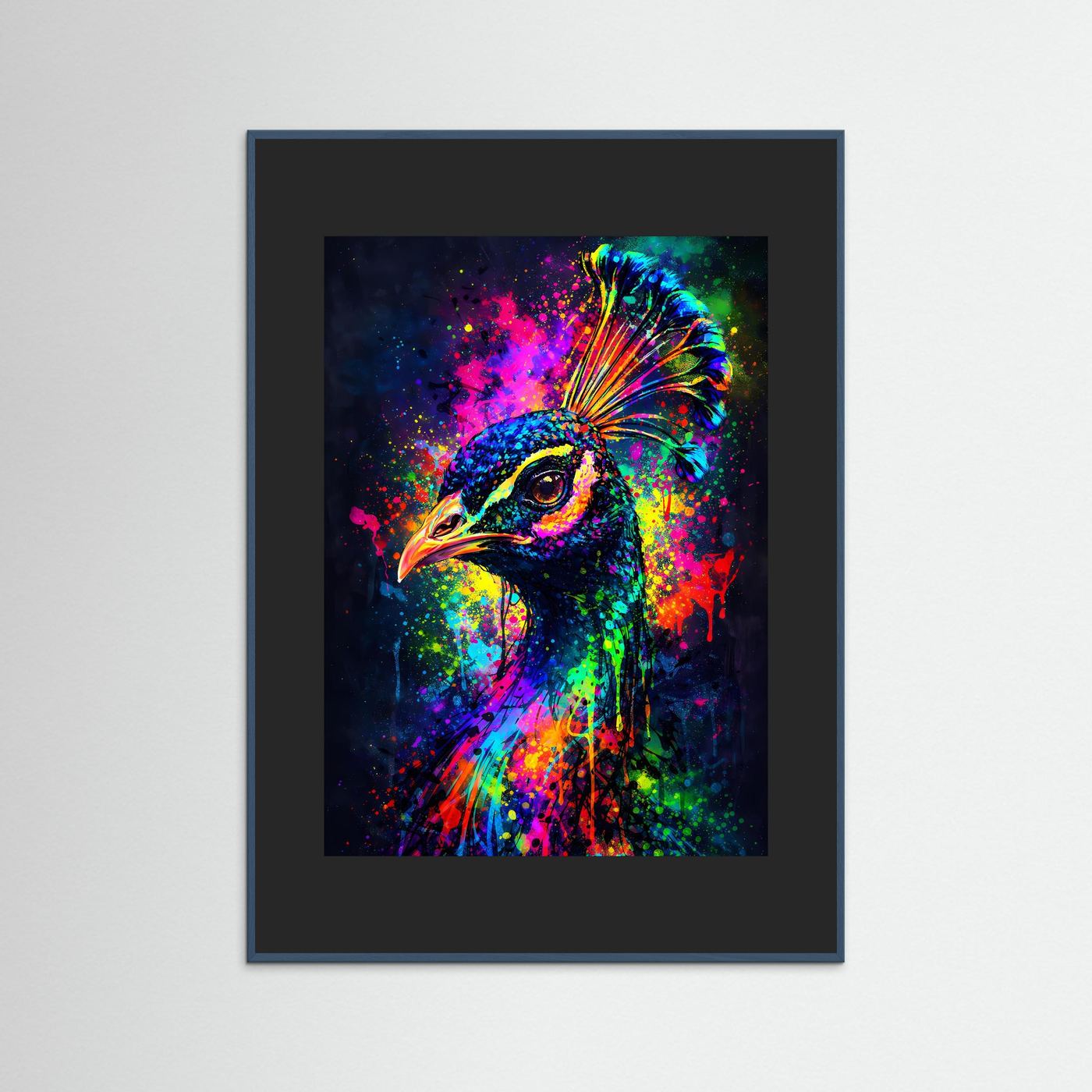Pfauenmotiv-Poster: blauer Rahmen, schwarzes Passepartout, mehrfarbiger Pfauenkopf.