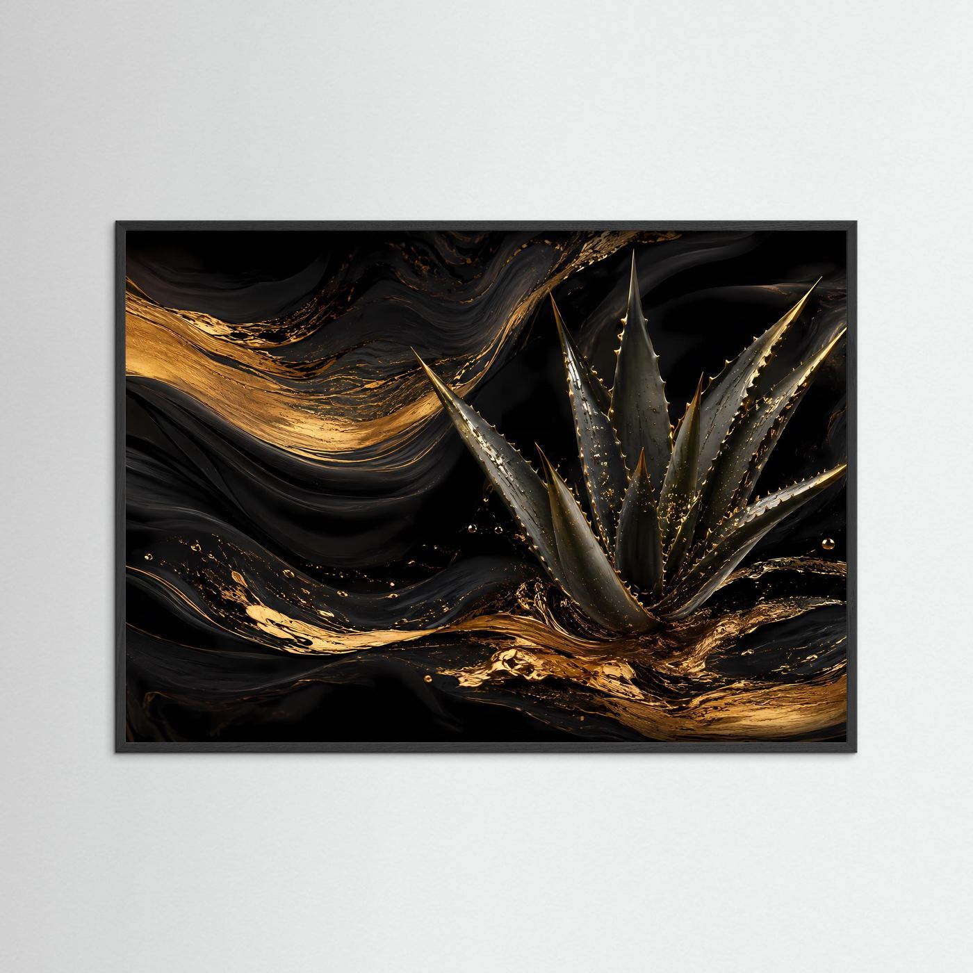 Querformat-Poster mit abstrakter Aloe in Schwarz und Gold, schwarzer Rahmen
