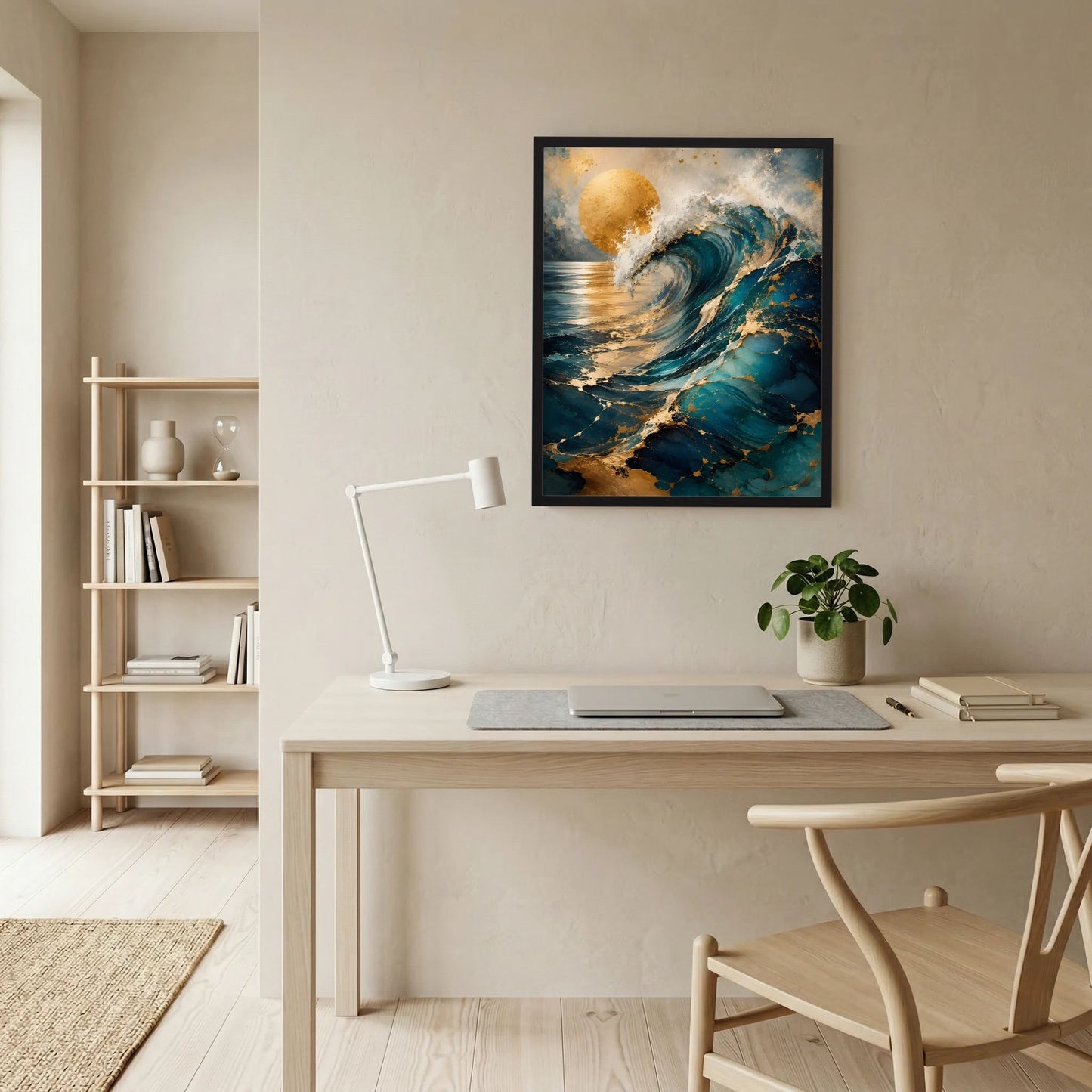 Kunstposter im Hochformat mit abstrakter Meereswelle in Petrol und Türkis, dunkler Rahmen