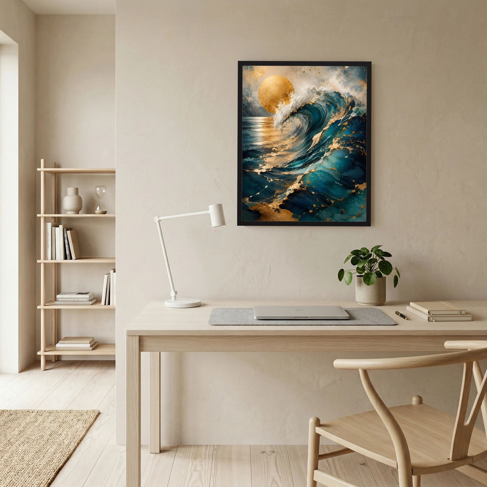 Kunstposter im Hochformat mit abstrakter Meereswelle in Petrol und Türkis, dunkler Rahmen