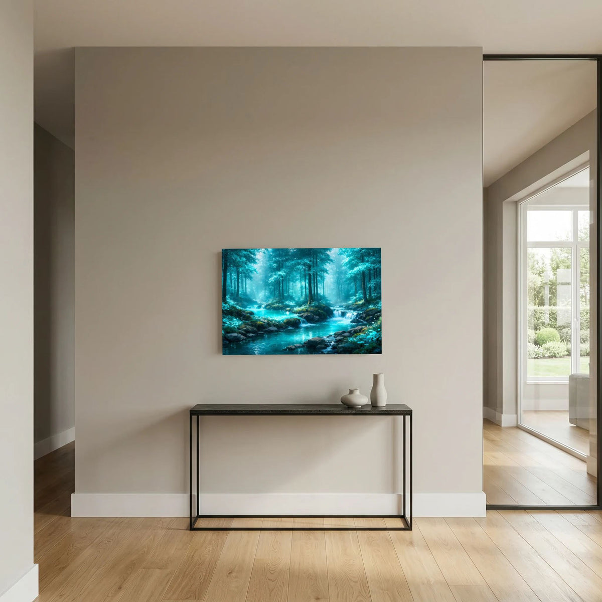 Wandbild im Querformat mit türkisfarbenem Fluss und hohen Bäumen im Wald