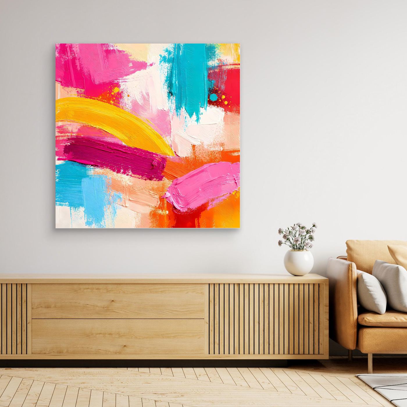 Abstraktes Leinwand-Wandbild mit pastellen Pinselstrichen in Pink, Türkis, Gelb und Orange im hellen Rahmen