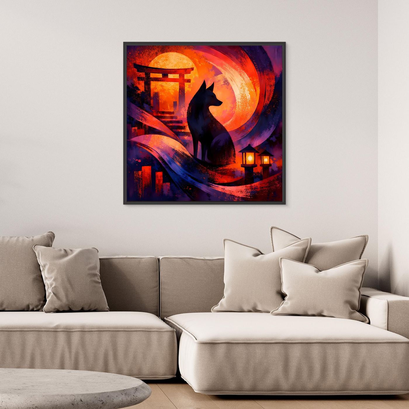 Abstraktes Wandbild mit Torii-Tor, schwarzer Kitsune und rotem Mond, Laternen im Hintergrund