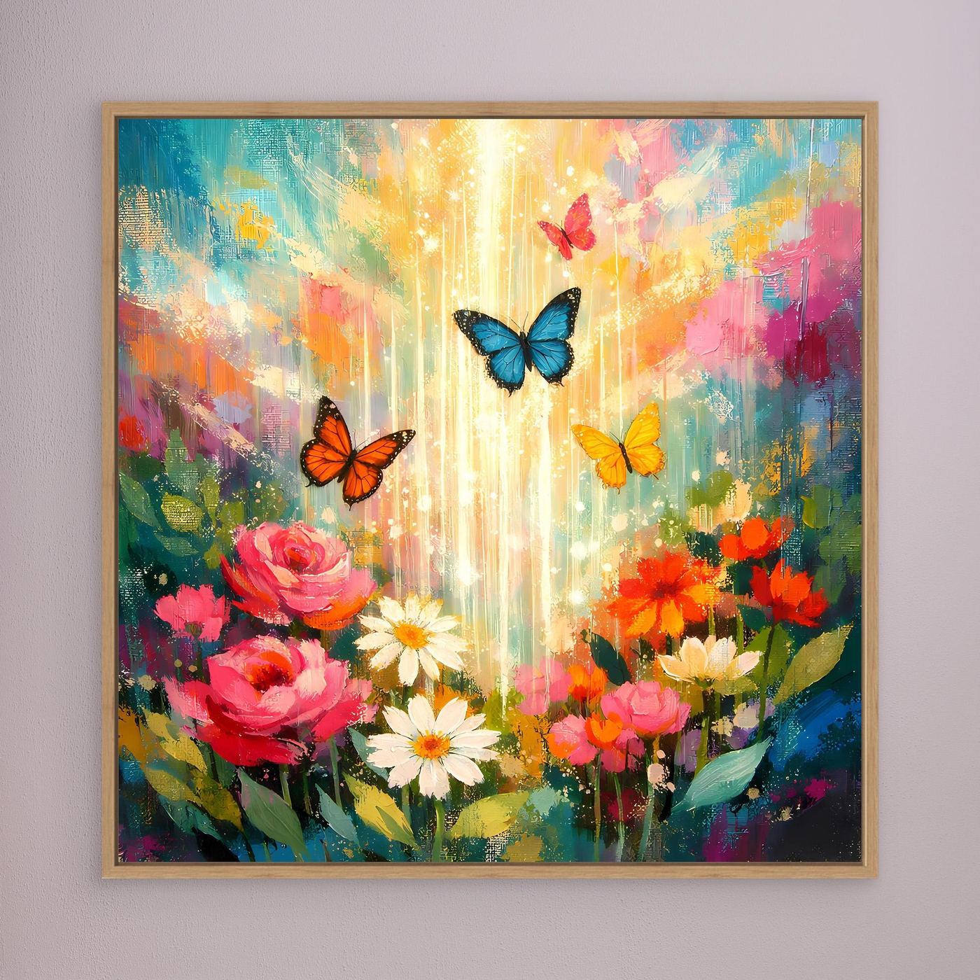 Wandbild auf Leinwand: bunte Blumen und Schmetterlinge, eichenfarbener Rahmen