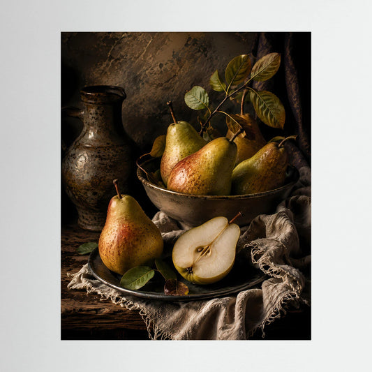 Poster mit Birnen-Stillleben: Birnen in Schale neben Keramikvase und Birnenscheibe
