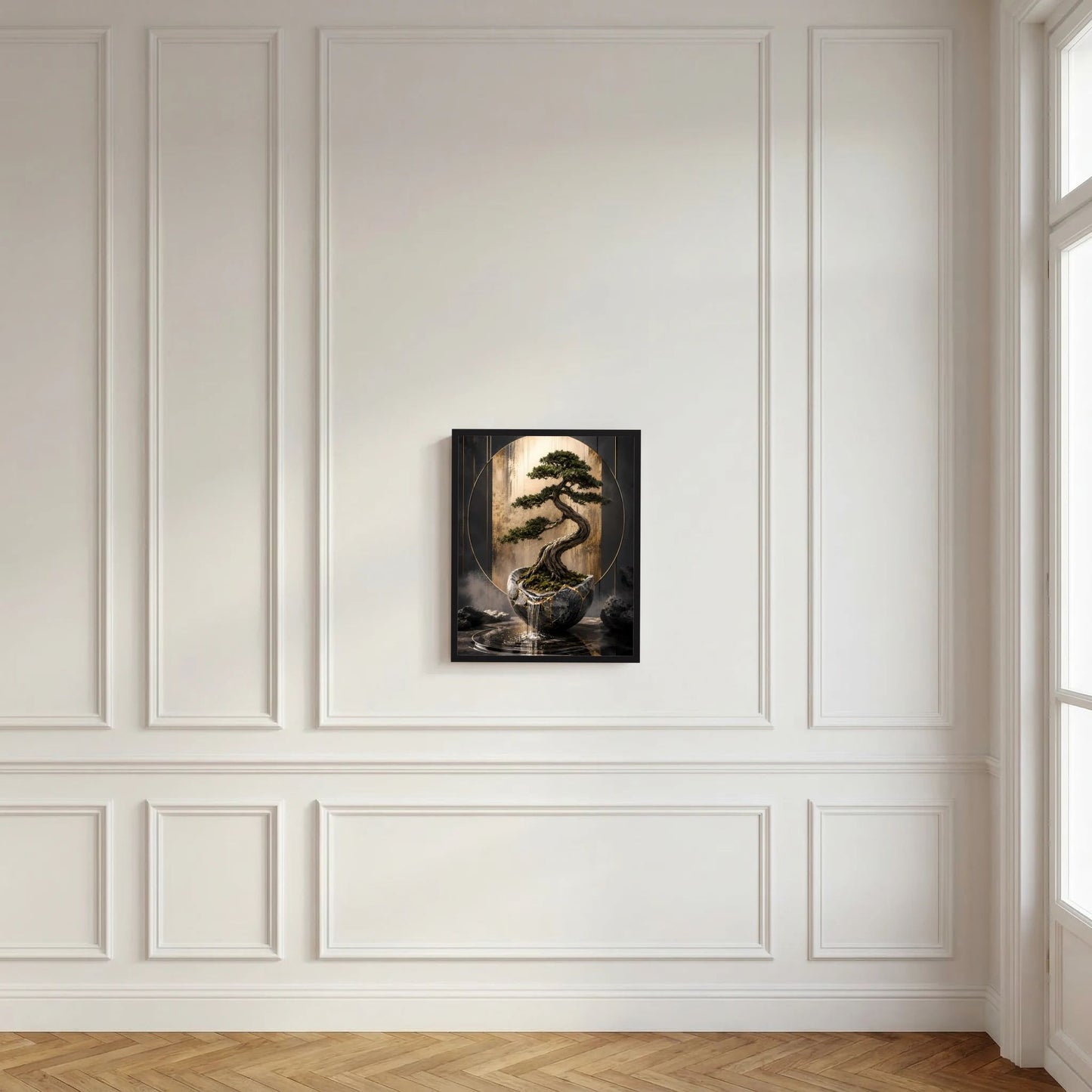 Hochformat-Poster mit Bonsai im schwarzen Topf und gold-schwarzem Kreisdesign