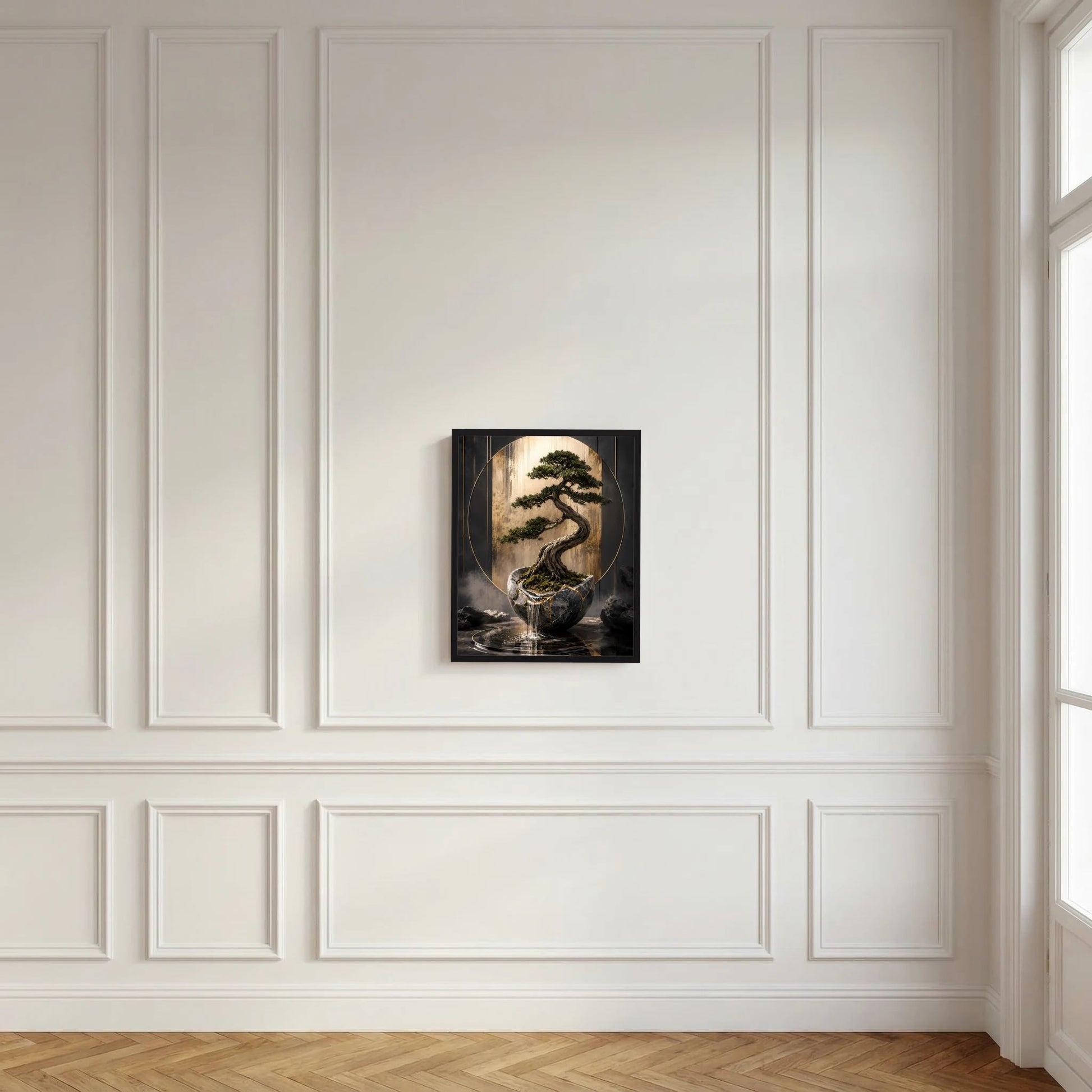 Hochformat-Poster mit Bonsai im schwarzen Topf und gold-schwarzem Kreisdesign