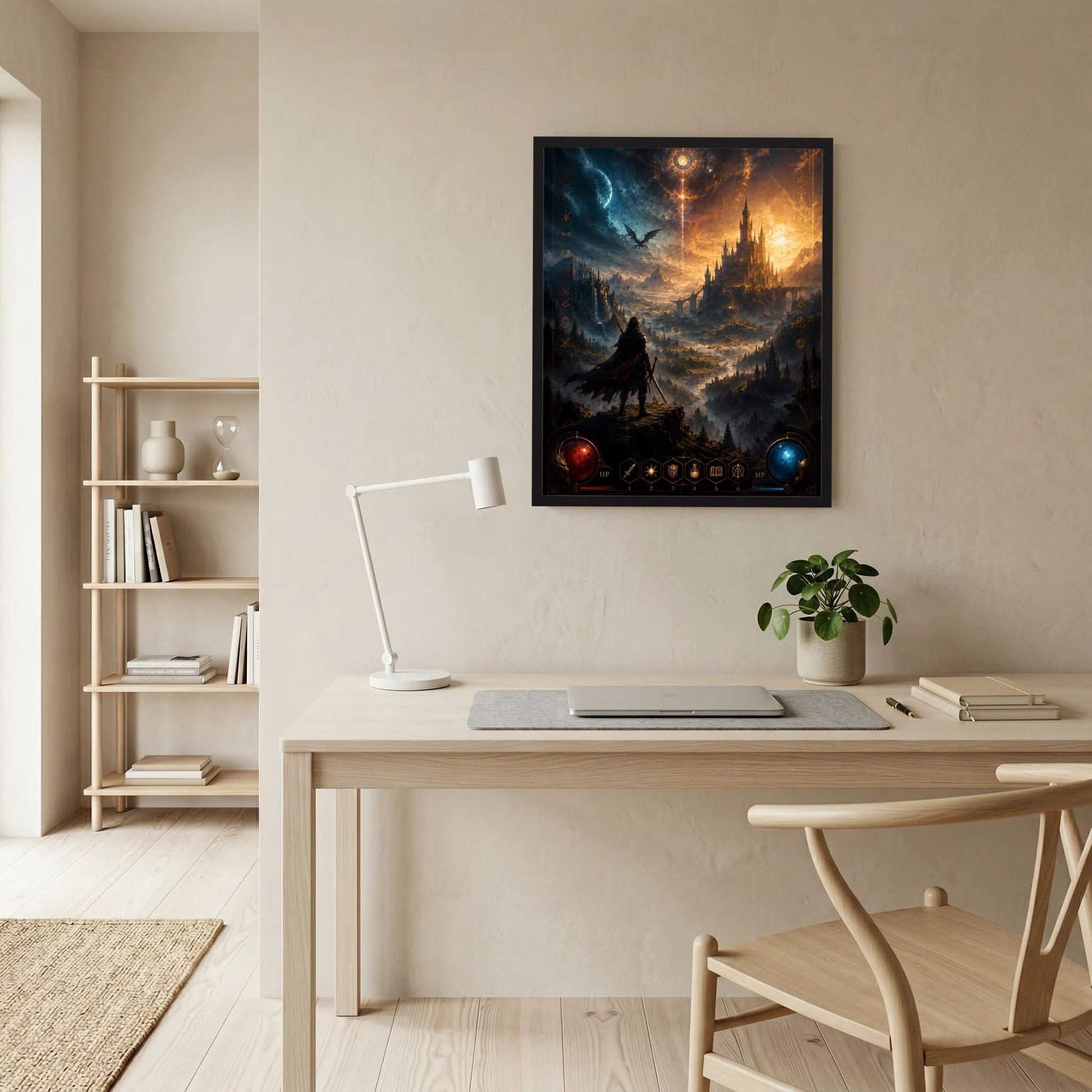 Kunstposter im Hochformat im schwarzen Rahmen mit Fantasy-Schloss, Krieger-Silhouette und Drachen
