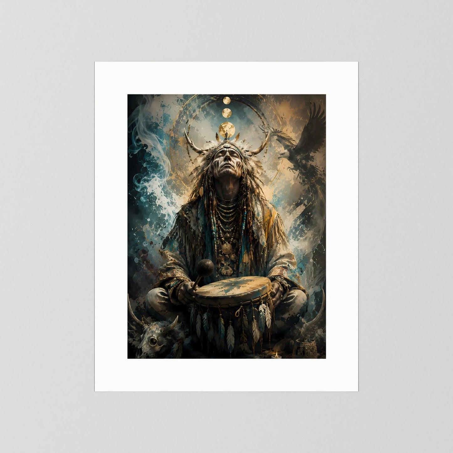 Kunstposter Hochformat mit Schamane an Trommel, gold-blau, weißer Rand