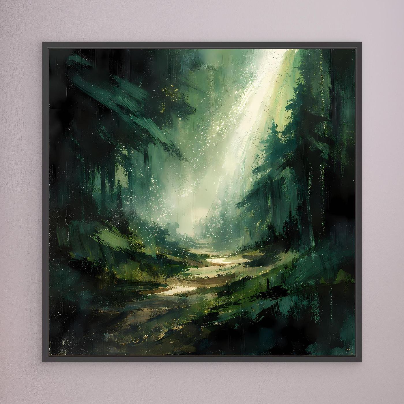Leinwand Magischer Lichtstrahl im Wald | Abstraktes Tannenwald Wandbild Grün