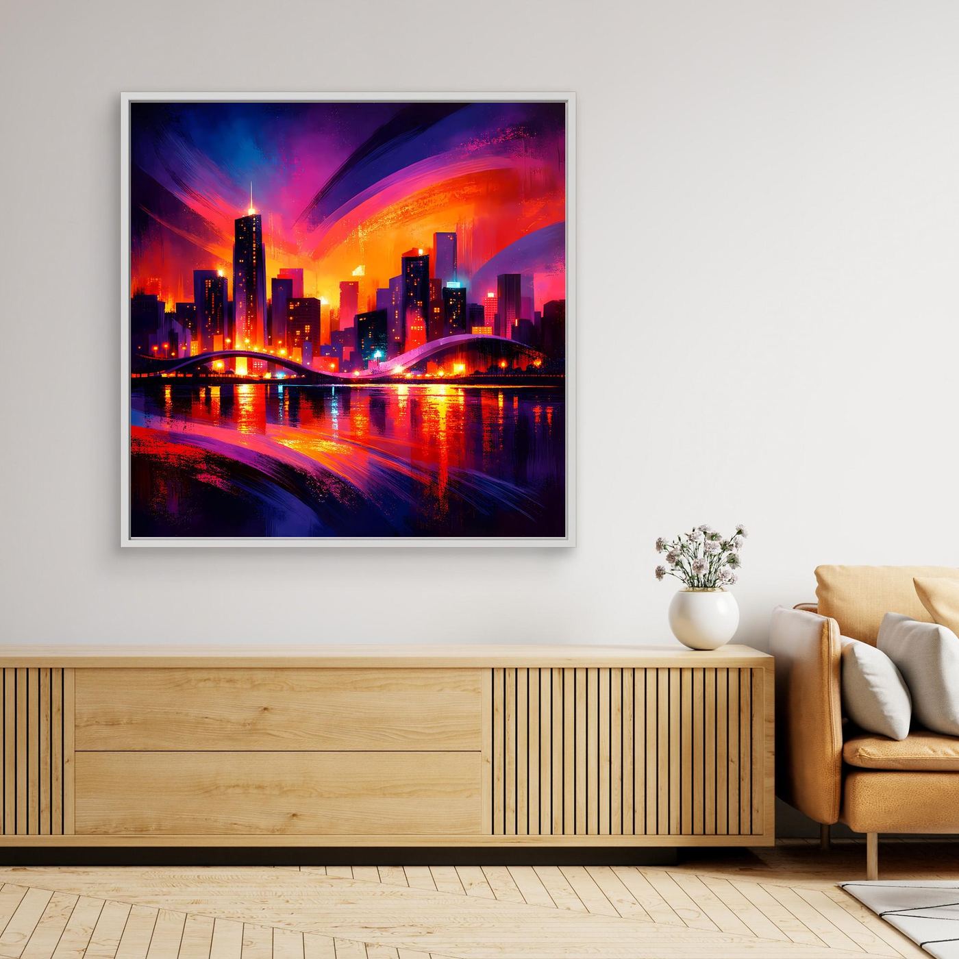 Gerahmtes Leinwand-Wandbild mit Neon-Skyline bei Nacht und farbigem Himmel, heller Rahmen