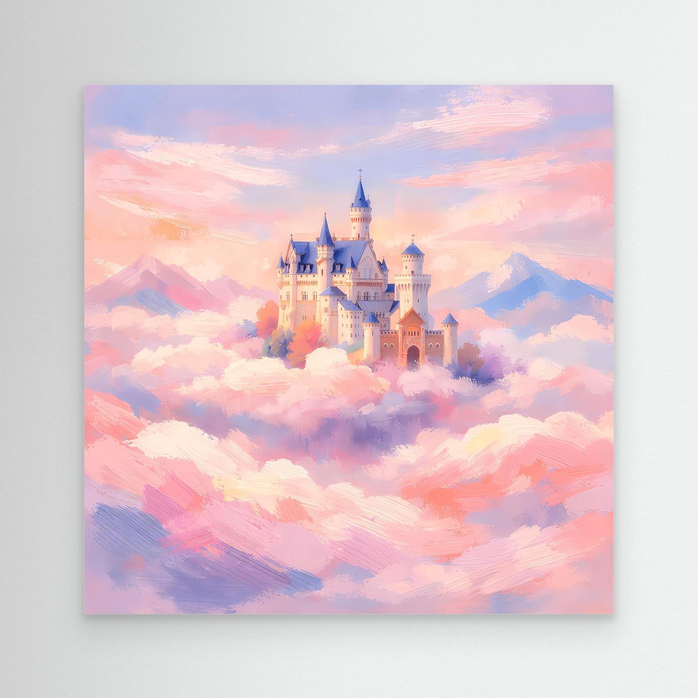 Leinwand Schloss Neuschwanstein über Wolken | Märchenhafte Pastelltöne Wandbild