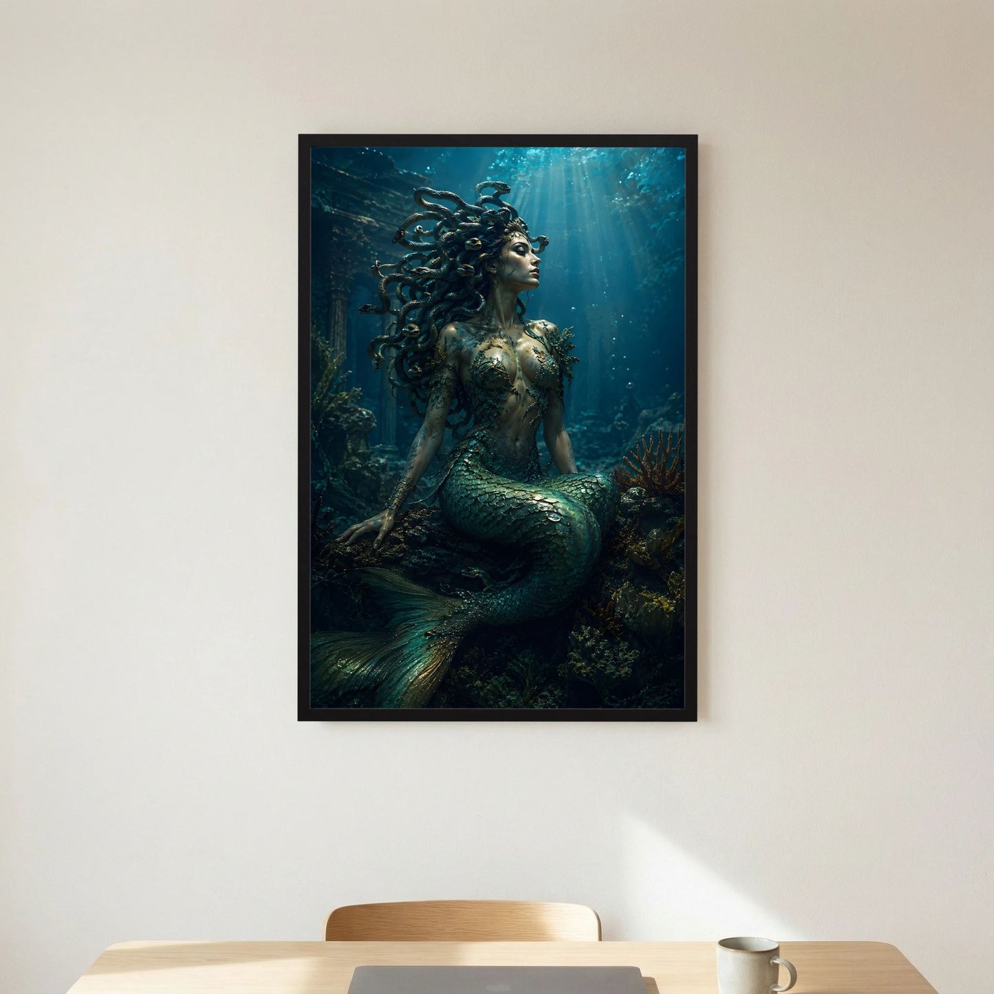 Fantasy-Poster mit Meerjungfrau in Smaragd & Türkis, Schlangenhaar, schwarzer Rahmen