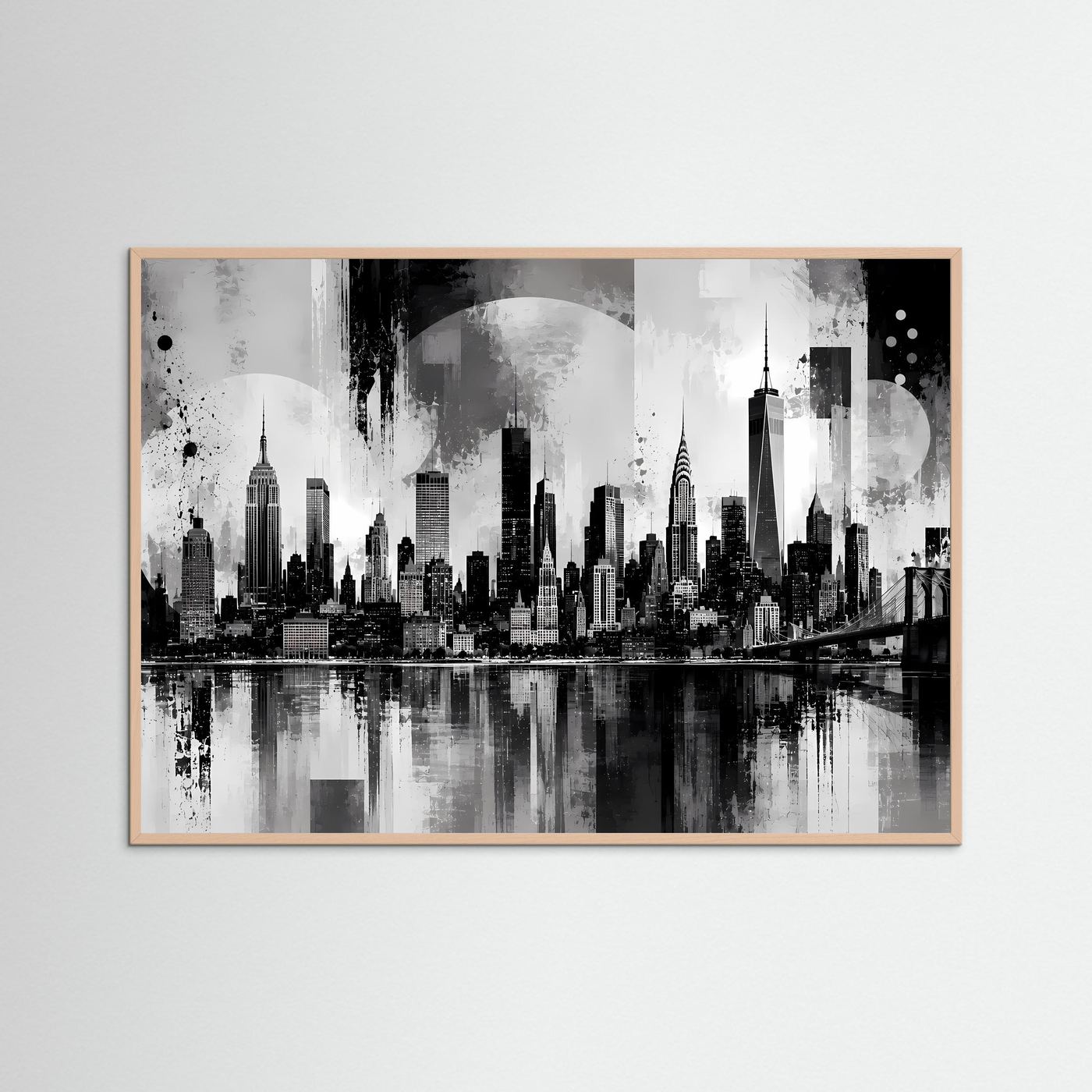 Gerahmter Kunstdruck Manhattan-Skyline in Schwarzweiß, roséfarbener Holzrahmen