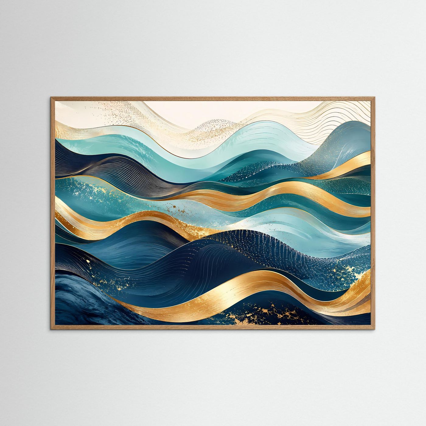 Abstrakte Wellen Poster Querformat | Moderne Wandkunst in Blau, Türkis & Gold | Elegantes Panorama Wandbild