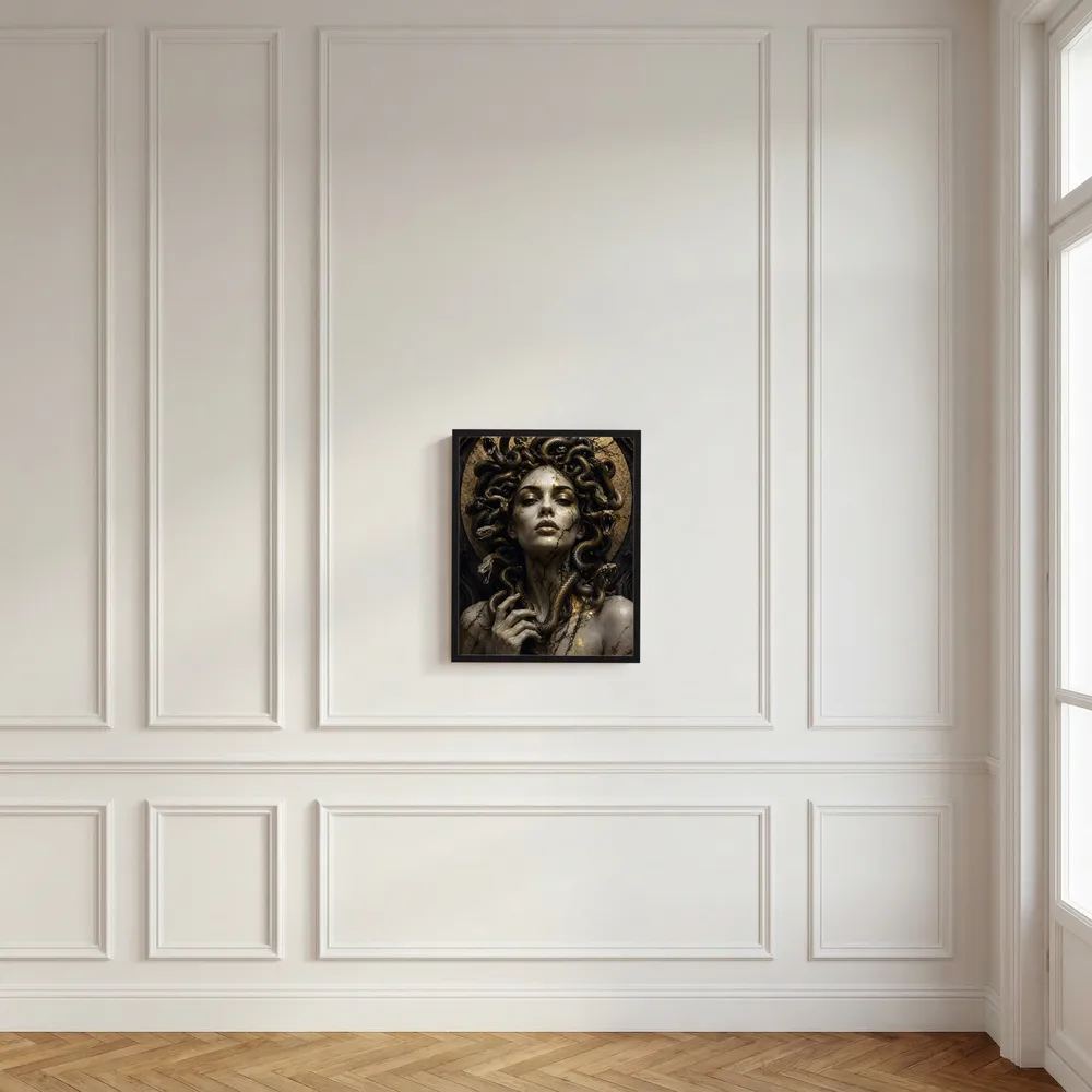Medusa-Porträtposter in Schwarz und Gold mit Schlangenhaaren, gerahmt an der Wand