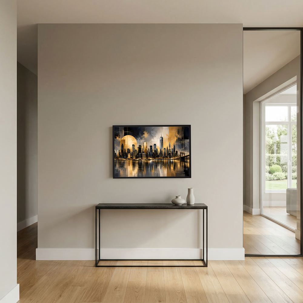 Gerahmtes Wandposter im Querformat mit New-York-Skyline in Schwarz und Gold, dunkler Rahmen