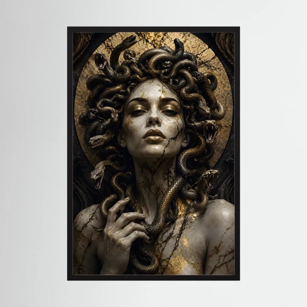 Poster der Schlangengöttin Medusa mit goldenen Akzenten, schwarzer Holzrahmen