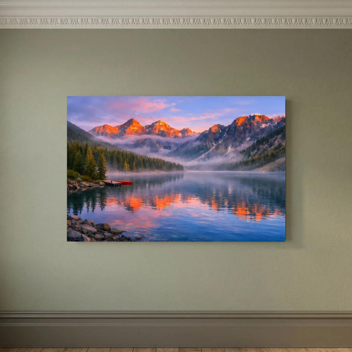 Querformatiges Wandbild mit Alpen-See-Landschaft bei Sonnenuntergang