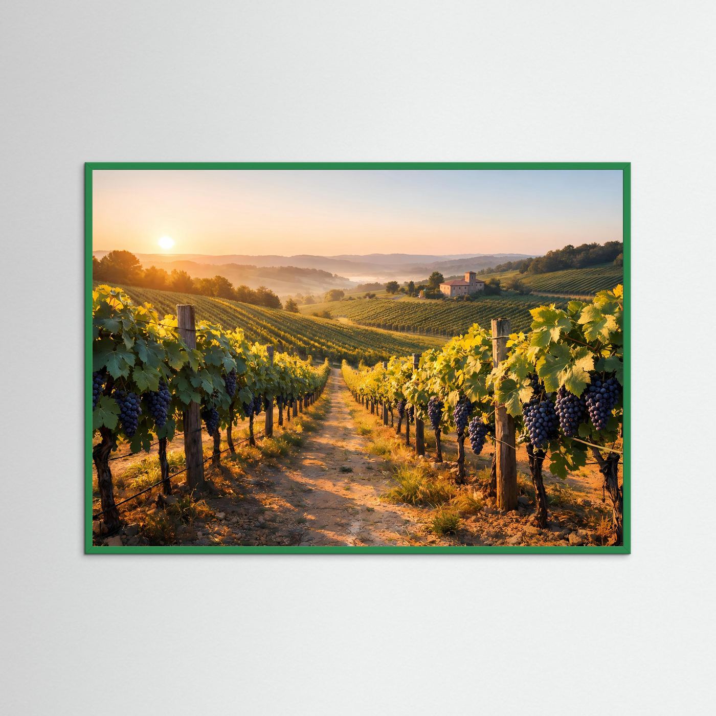 Querformat-Poster mit Weinberg-Pfad, Rebstöcken und aufgehender Sonne im grünen Rahmen