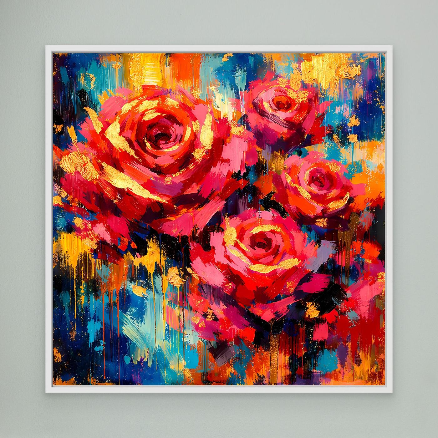 Leinwandbild mit abstrakten Rosen in Rot, Gelb und Blau, mit weißem Rahmen