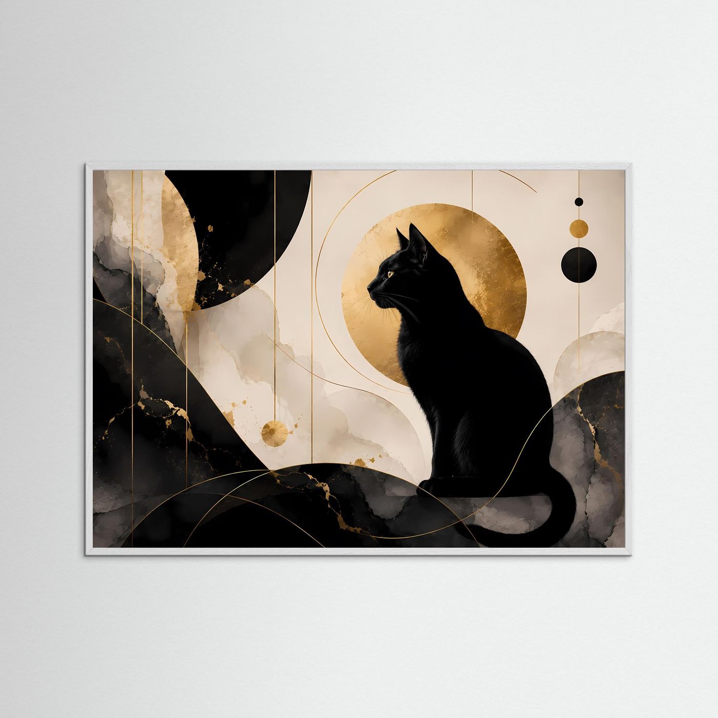 Schwarze Katze in Gold & Marmor | Elegante abstrakte Katzen Wandkunst