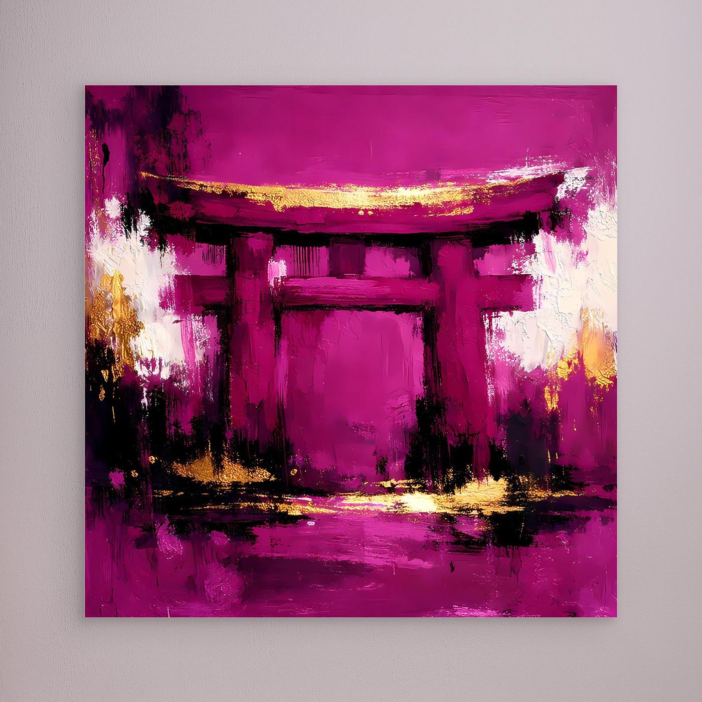 Leinwand Mystisches Torii-Tor in Magenta | Abstraktes Japan Wandbild Moderne Kunst