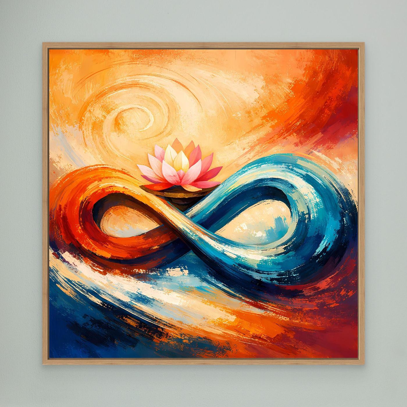 Abstraktes Leinwand-Wandbild mit Lotusblüte und Unendlichkeit, helmer Holzrahmen, Orange und Blau