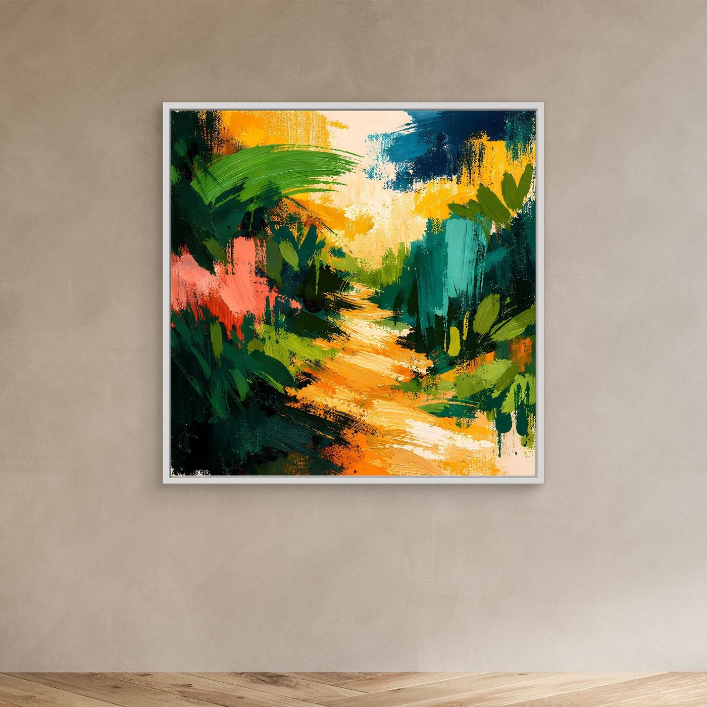 Abstract canvas wall art with colorful forest path strokes, dark frame
