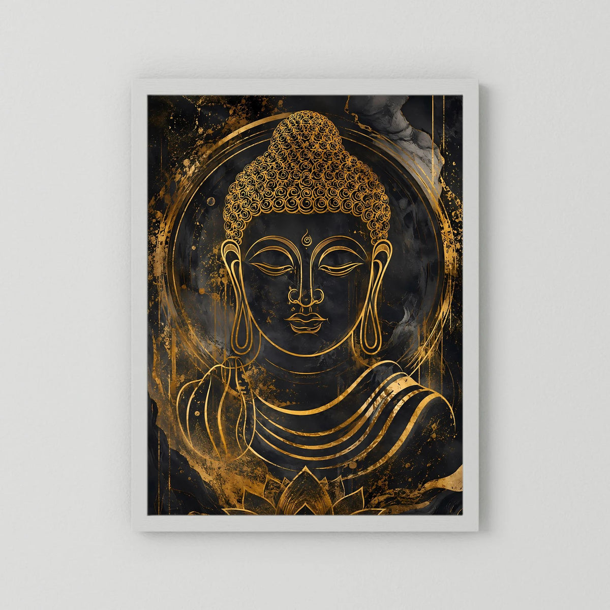 Buddha-Poster im Hochformat mit goldener Buddha-Figur und Lotus in weißem Rahmen