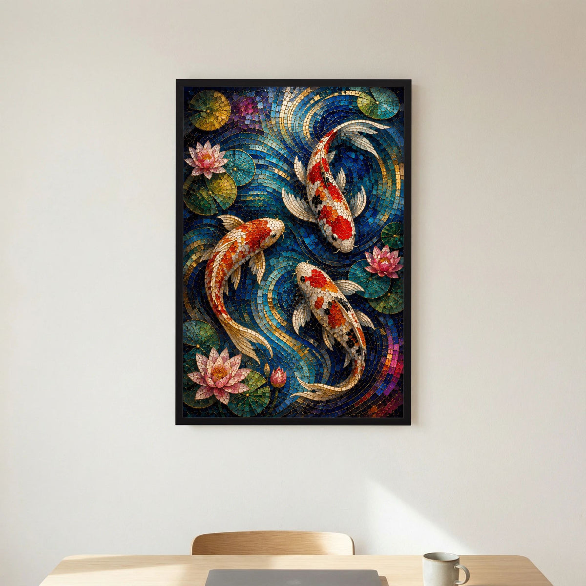 Koi Fische im Seerosenteich | Japanisches Mosaik in Blau & Gold | Poster Hochformat