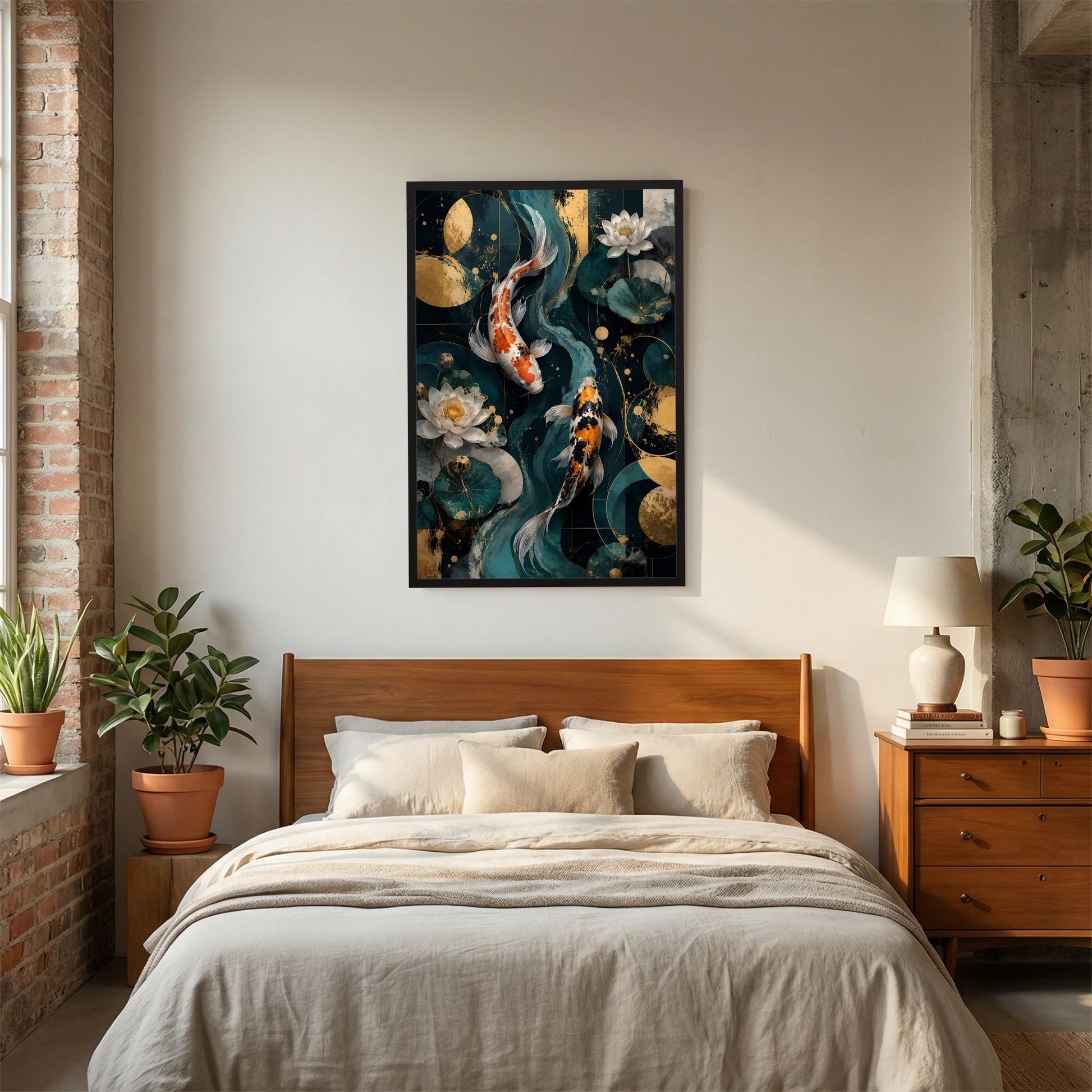 Gerahmtes Hochformat-Poster über dem Bett: Koi-Fische mit weißen Lotusblüten