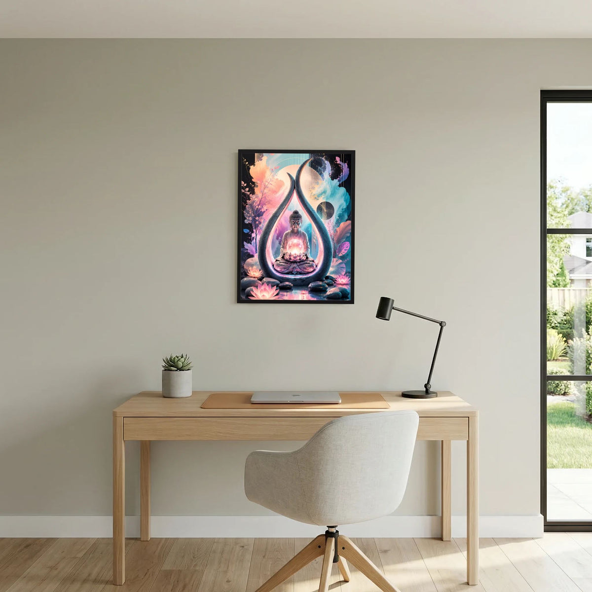 Hochformat-Poster mit Buddha in leuchtendem Tropfen, farbige Pflanzen und Steine