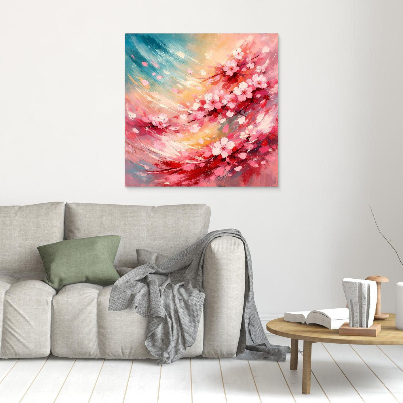 Leinwandbild mit abstrakten Kirschblüten in Pink, Gelb und Blau, ohne Rahmen