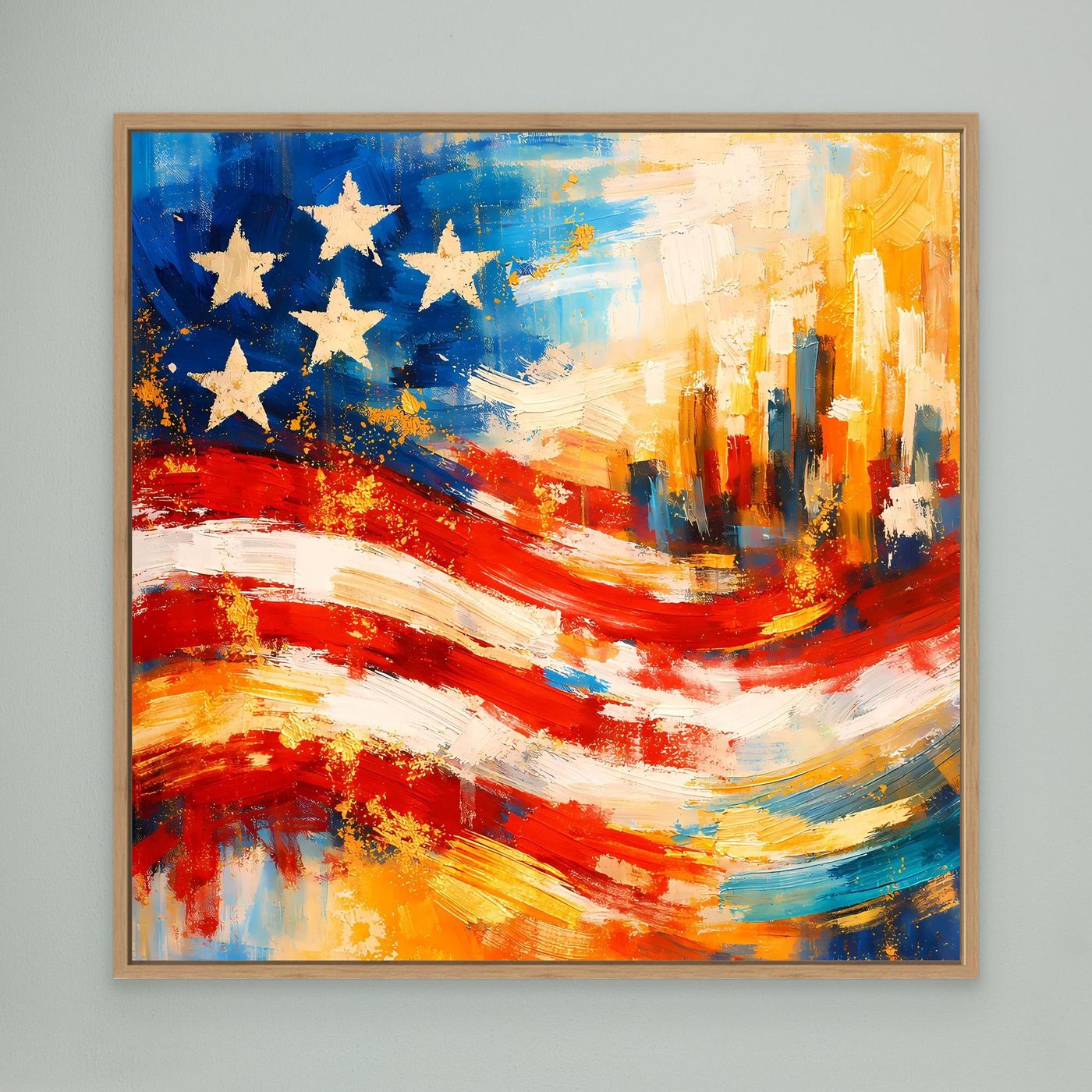 Leinwandbild mit abstrakter US-Flagge, blaue Sterne, rote Streifen und Skyline, Eichenrahmen