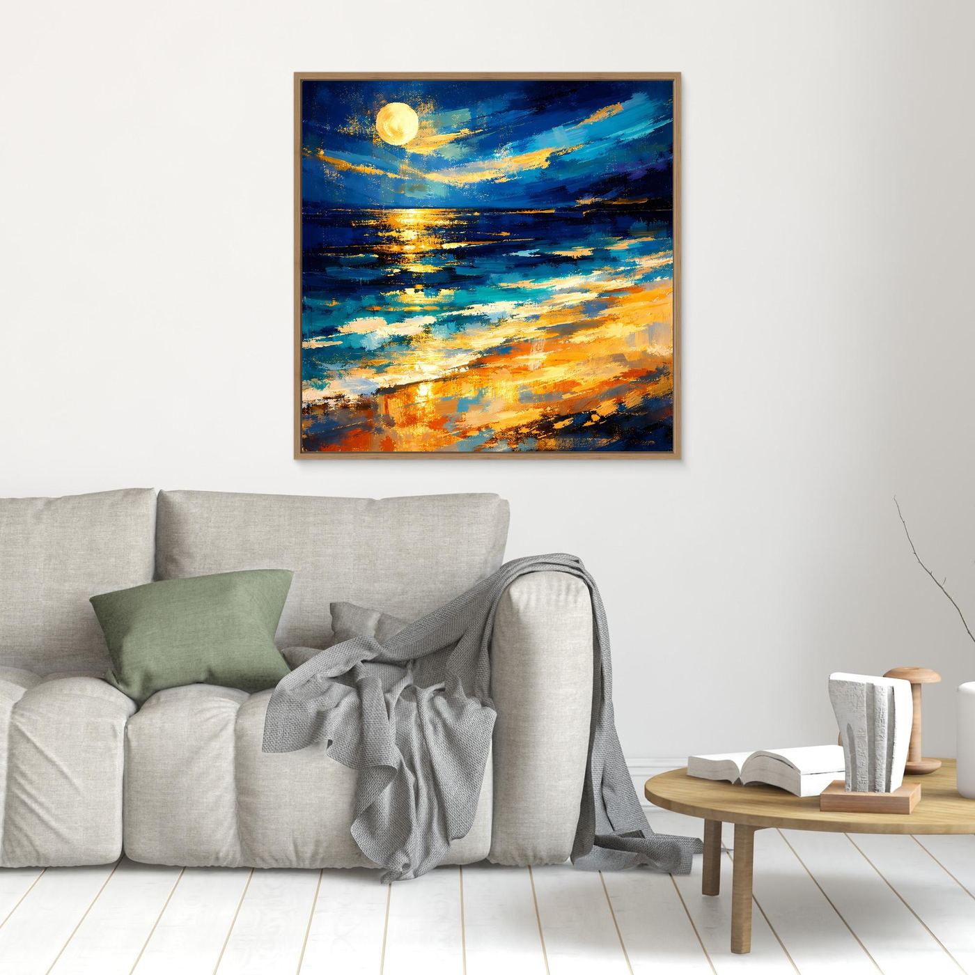 Leinwandbild mit leuchtendem Vollmond und abstraktem Meer, Blau-Gold, Holzrahmen