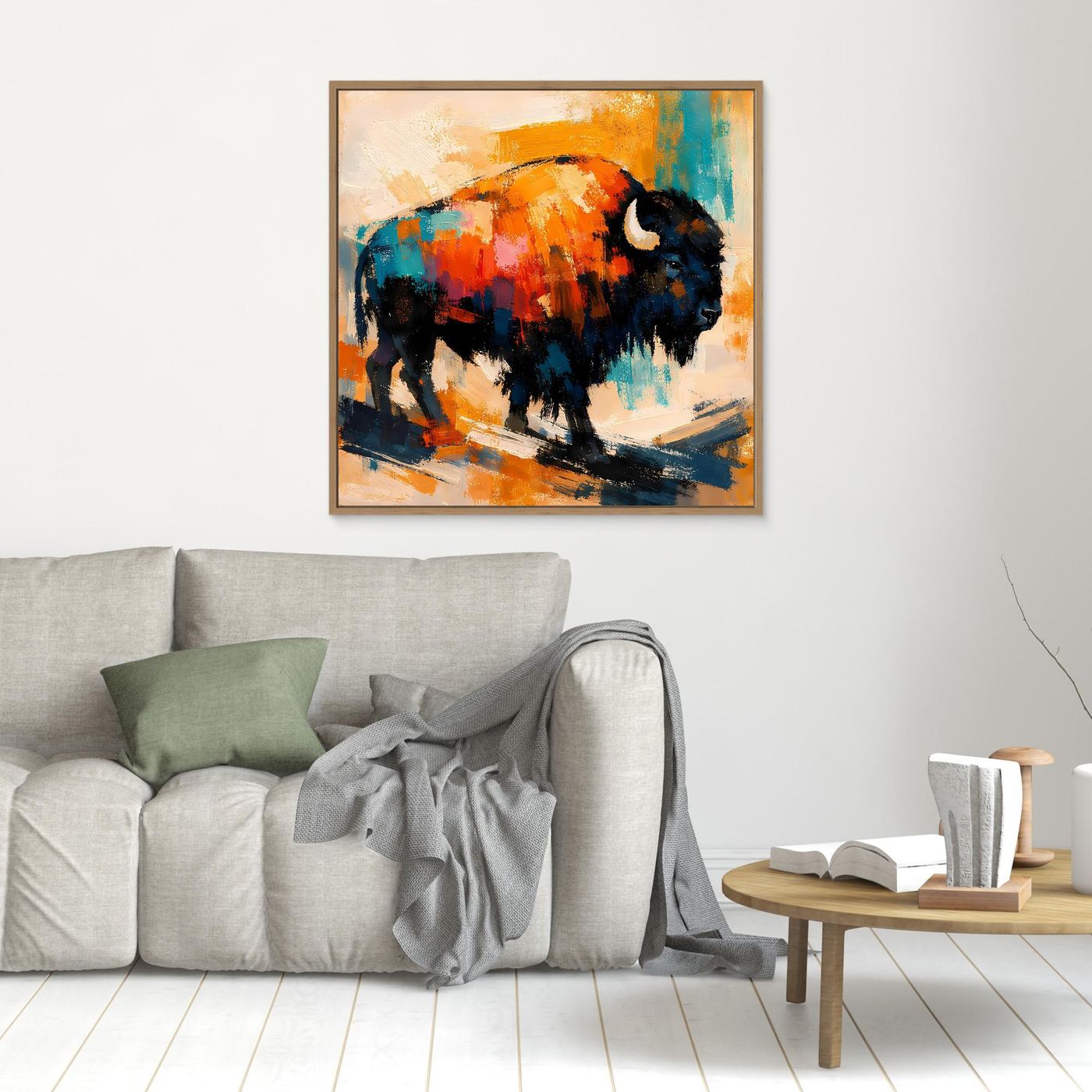 Small abstract bison canvas wall art with dark silhouette and orange and teal blue paint strokes
