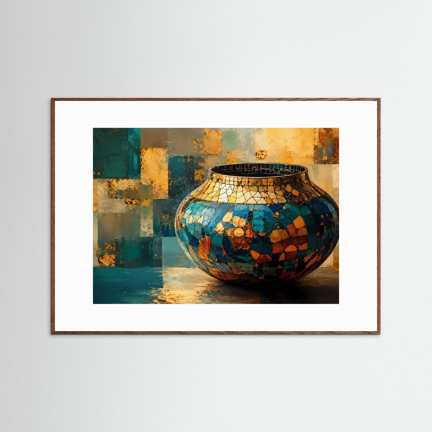 Mosaik Vase Poster | Abstrakte Keramik Kunst | Gold Blau Wandbild | Moderne Stillleben Wall Art