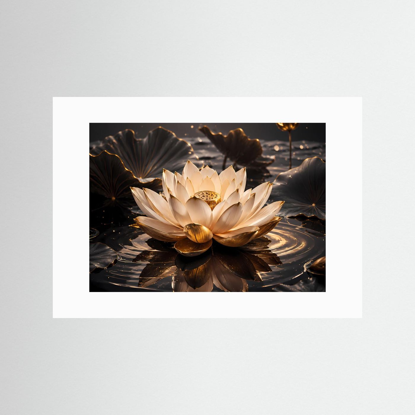 Edle Lotosblüte im goldenen Wasser | Spirituelle Kunst & Zen Poster Querformat