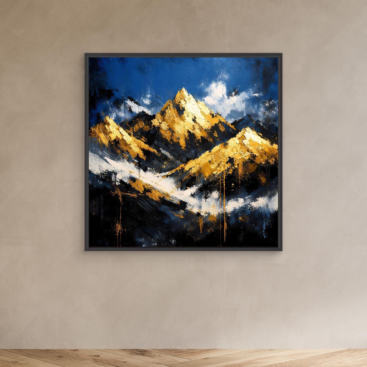 Leinwand Abstraktes Berggemälde in Blau und Gold | Modernes Berge Wandbild