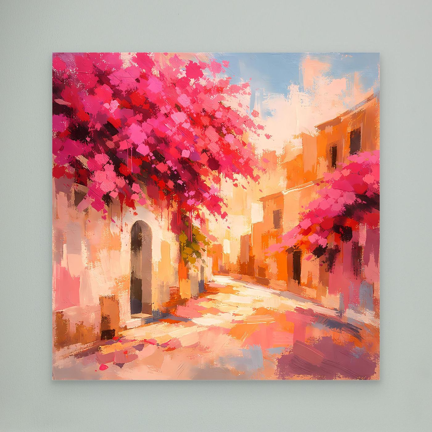 Leinwand Mediterrane Gasse im Blütenrausch | Abstraktes Italien Wandbild