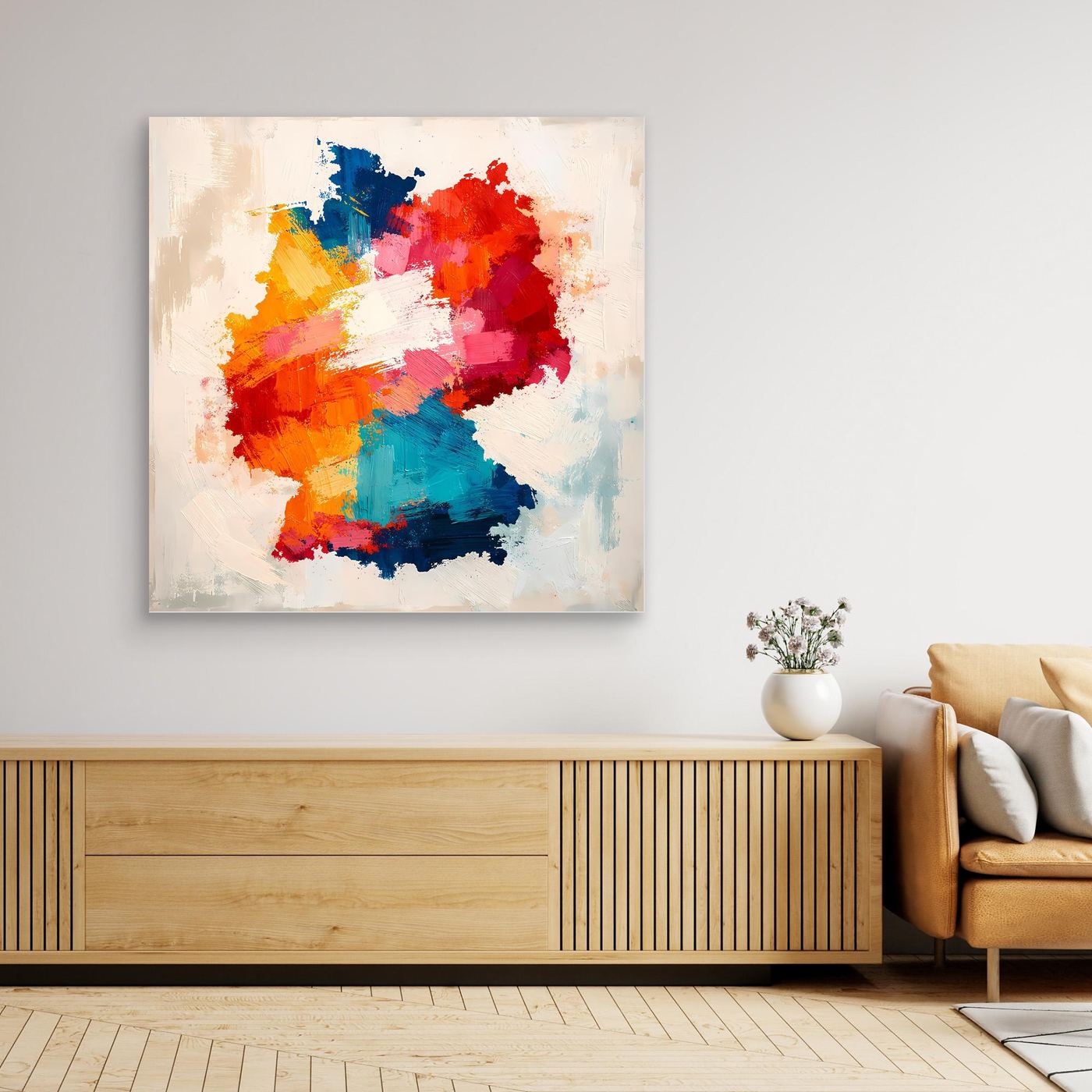Abstract Germany map canvas wall art above a wooden sideboard