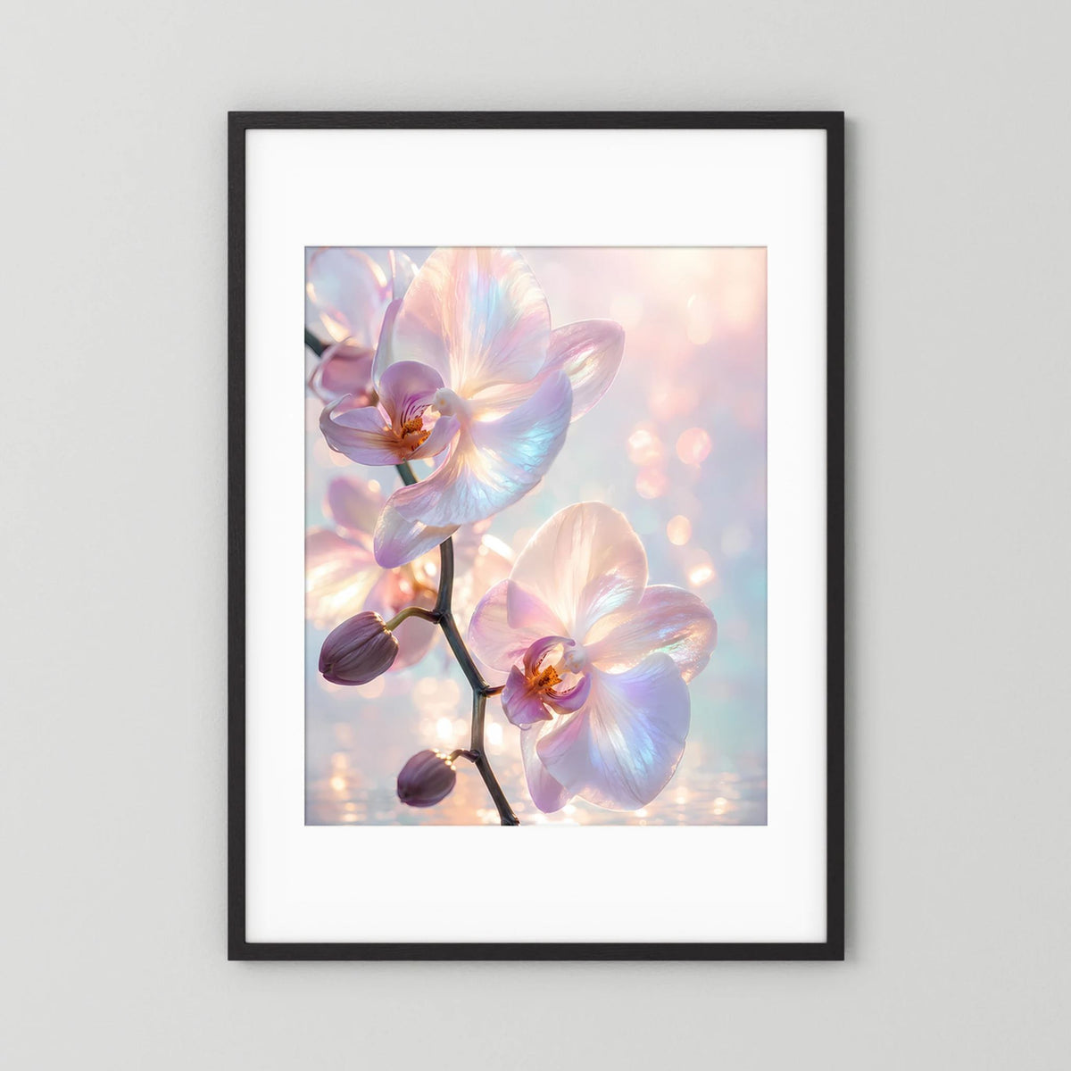 Orchideen-Kunstposter im schwarzen Rahmen mit weißem Rand und Pastellorchideen