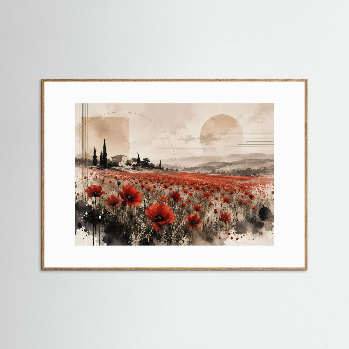 Gerahmtes Querformat-Poster mit Mohnblumenfeld in Rot und Beige, hellbrauner Rahmen