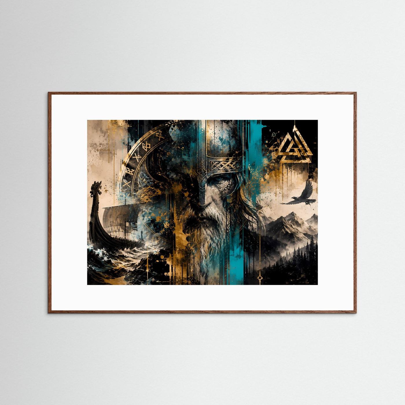 Wikinger Krieger mit Runen & Drachenschiff | Nordische Mythologie Poster Panorama Querformat in Gold, Türkis & Schwarz